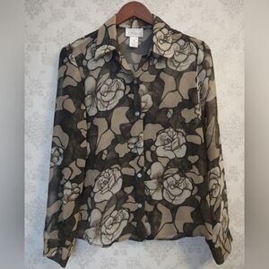 Jordan Black Tan Beige Rose Print Sheer Chiffon Blouse Size Small